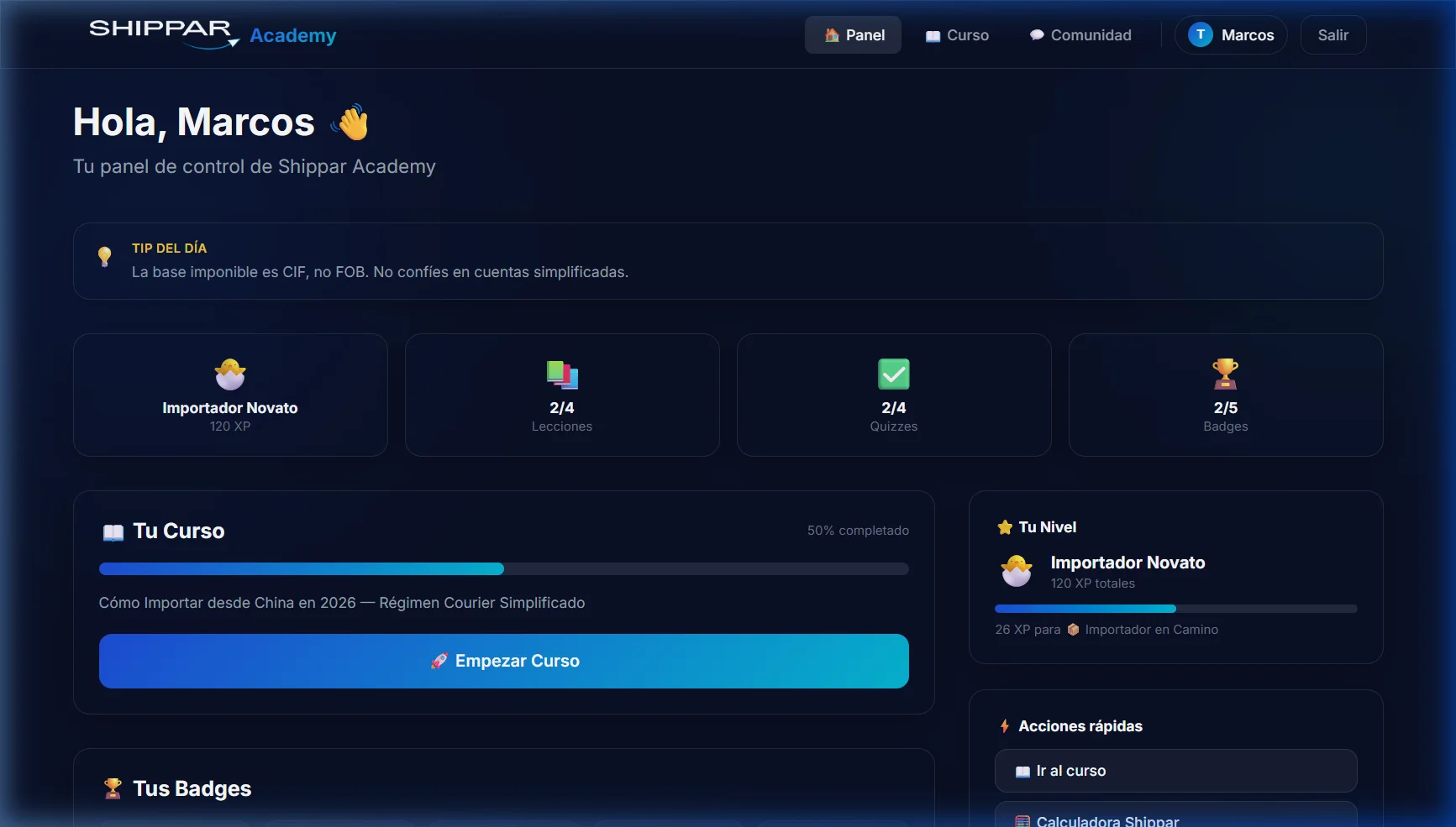 Shippar Academy — Dashboard real